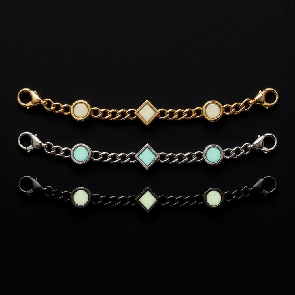After Dark glow shoe chains in Gold, Silver and Matte Black
