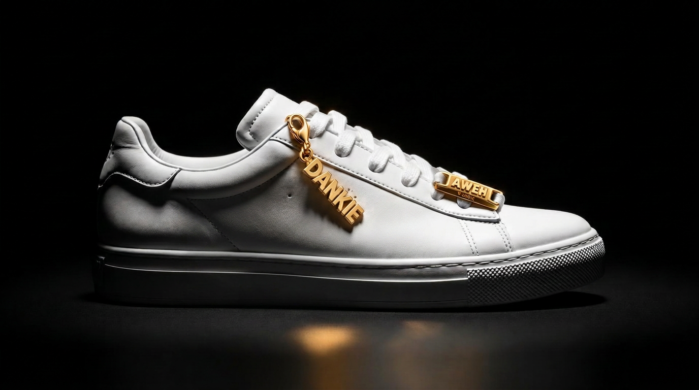 White sneaker styled with the VUSOIR Kasi AWEH lace lock and DANKIE charm in gold