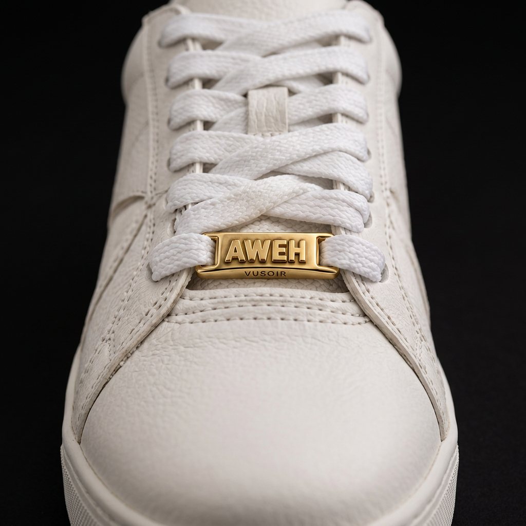 Gold AWEH lace lock on a white sneaker