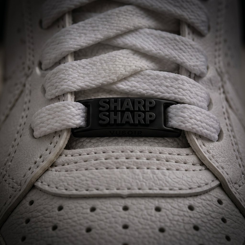 Matte Black SHARP SHARP lace lock on a white sneaker