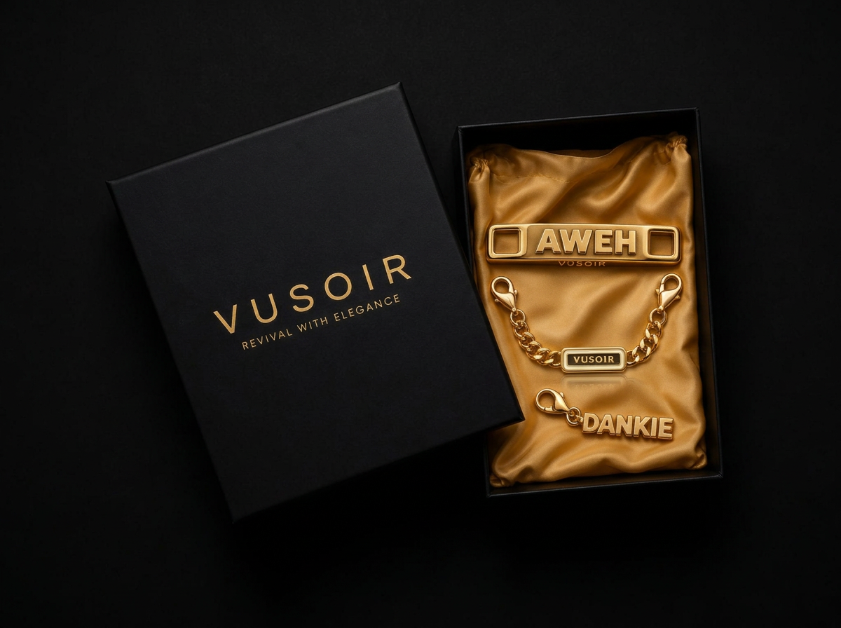 VUSOIR gift box with the Kasi AWEH lace lock, After Dark glow lace chain and DANKIE charm